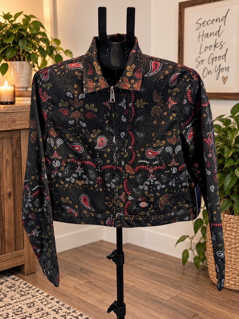Dickies Women’s M Cropped Eisenhower Jacket Black Bandana Paisley Print NWT